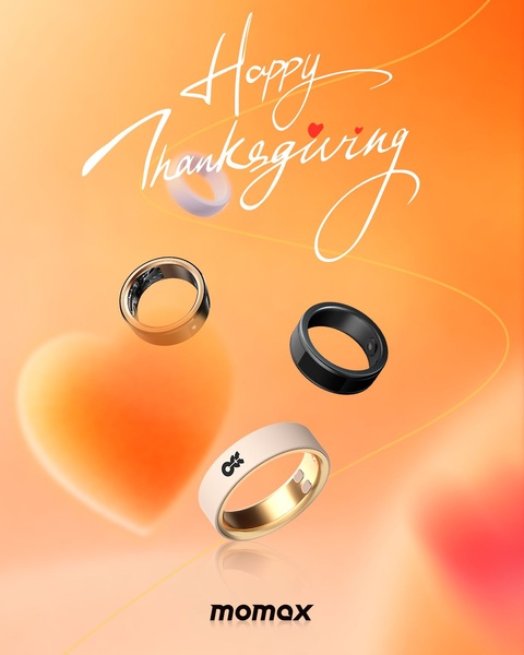 A high-quality 4:5 visual featuring three smart ring models floating against a soft orange background with heart motifs, designed to evoke seasonal warmth.